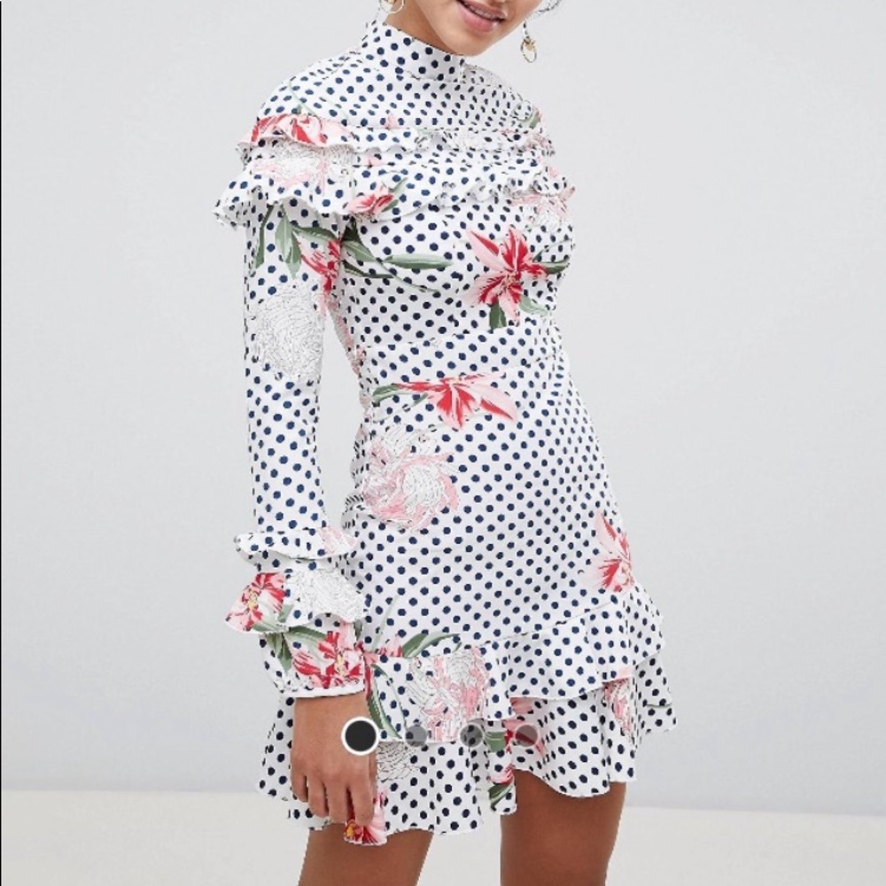 Polka dot and floral ruffle dress ( navy blue dot)